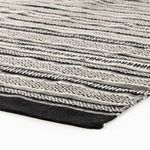 Close-up of the rug’s woven texture showing detailed black and white pattern and fabric edge