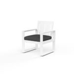 Newport Dining Chair with white powder-coated aluminum frame and wide slat back, charcoal gray seat cushion