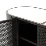 Open front doors revealing dark interior with two horizontal shelves inside media console