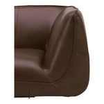Close-up of smooth dark brown leather arm with rounded profile and detailed stitching