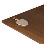 Close-up of ping pong paddle resting on smooth oak plane top