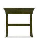 Zoomed-in view of the top edge of the wide curved backrest featuring olive grove stained oak.