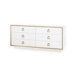 Extra large six-drawer cabinet with white lacquered linen finish and gold trim, modern vintage style