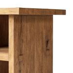 Side close-up highlighting vertical wood panels and joinery with natural wood knots