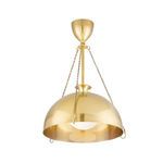 Small aged brass pendant light with dome-shaped shade, suspended by three chains from ceiling mount