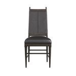 Front view of chair highlighting padded seat cushion and stitched leather back panel
