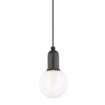 Bryce 1 Light Pendant with black steel socket and clear round bulb hanging from a black and white braided cord