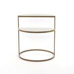 Front view showing two tiers of semi-circle white marble shelves supported by antique brass frame