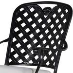 Black aluminum lattice back outdoor armchair with white cushion shown from rear angle