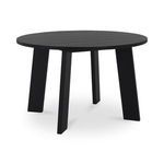 Round outdoor dining table with solid black top and angular black legs in a minimalist contemporary style