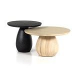 Close-up overhead detail of black-washed ash wood grain on rounded tabletop
