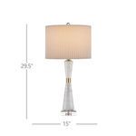 Lit Edelmar White Table Lamp with white marble base and pleated off-white shade on light background