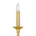 Close-up of one gold candle-style light with textured gold leaf finish and clear bulb