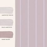 Wallpaper color swatches including amethyst white, pale amethyst, and dark blush next to applied wallpaper
