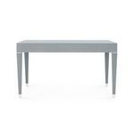 Claudette Desk back view with smooth washed lacquered linen surface and tapered legs with white caps