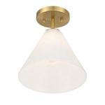 Bottom-up view highlighting inner light bulb and smooth white shade with warm brass round ceiling mount