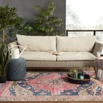 Rug under wicker sofa on deck with green plants and tray with glassware