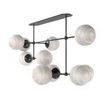 Underside angled view showing the arrangement of white marbled glass globes on blackened brass frame
