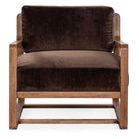 Front view emphasizing plush seat and back cushions with vintage natural wood base