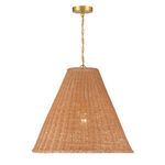 Pendant lit to reveal subtle woven texture and a warm ambient glow through rattan shade