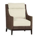 Woven mahogany outdoor lounge chair with beige cushions and open weave design on the arms and back