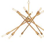 Close-up of chandelier center showing texture and finish of natural brass metal and clear bulbs