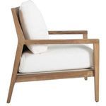 Angled side view of chair without cushions showing woven teak back and frame