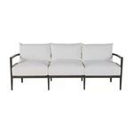 Front angle view of Santa Barbara slate gray aluminum outdoor sofa with white cushions