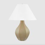 Front view of lamp with beige ceramic base and smooth white linen shade against plain background