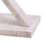 Close-up of wood grain and lacquer texture on rectangular plinth base and crossed leg joint