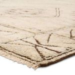 Close-up of plush wool texture and subtle taupe pattern on rug corner with fringe