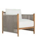 Pacifica Natural Teak Lounge Chair with natural teak frame, gray woven rope sides, and white seat cushions
