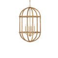 Charrette Lantern with candle bulbs inside, suspended from gold ceiling plate and chain