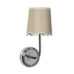 Ariel sconce shown from front angle highlighting polished nickel curved arm and round backplate with woven shade