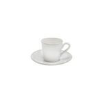 White and cream ceramic stoneware coffee cup with curved handle on matching saucer, 3 oz capacity