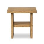 Zeno End Table in distressed light-finished oak with natural knots, paneled design, pull-through joinery, and lower shelf