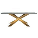 Couture Dining Table front view showing symmetrical gold base structure and clear glass top