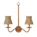 Woven natural seagrass tapered chandelier shades mounted on twin light wall fixture with wood accents