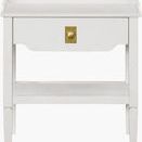 Close-up front view focusing on the drawer and brass knob hardware of the Doheny End Table