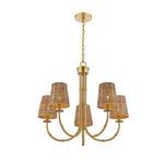 Side view of Ashbury chandelier highlighting curved bamboo-style arms and woven rattan shades