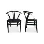 Set of two black Ventana dining chairs with curved open backs and woven fabric seats made from solid elm wood