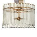 Front angle view of Electra Chandelier highlighting layering of icicle-like glass bars and warm brass frame