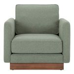 Vernon Accent Chair in muted green fabric with removable cushions and wooden plinth base in mid-century modern style