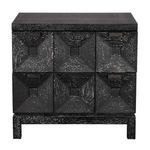 Front view of Musashi Walnut console highlighting detailed faceted drawer fronts and black walnut finish
