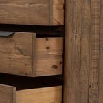 Close-up of top and side corner highlighting plank texture and matte gunmetal handle