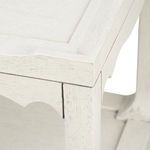 Close-up of corner showing scalloped apron and wood grain texture in sailcloth finish