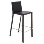 Black Bridget Bar Stool with sleek wood frame, padded backrest and seat, and chrome footrest.