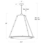 Technical line drawing front view showing chandelier dimensions and maximum hanging chain length