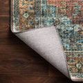 Detailed corner close-up of Loren rug underside showing woven backing and polyester texture