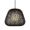 Close-up view of pendant bottom showing dense weaving of black Kraft paper twine with light shining through